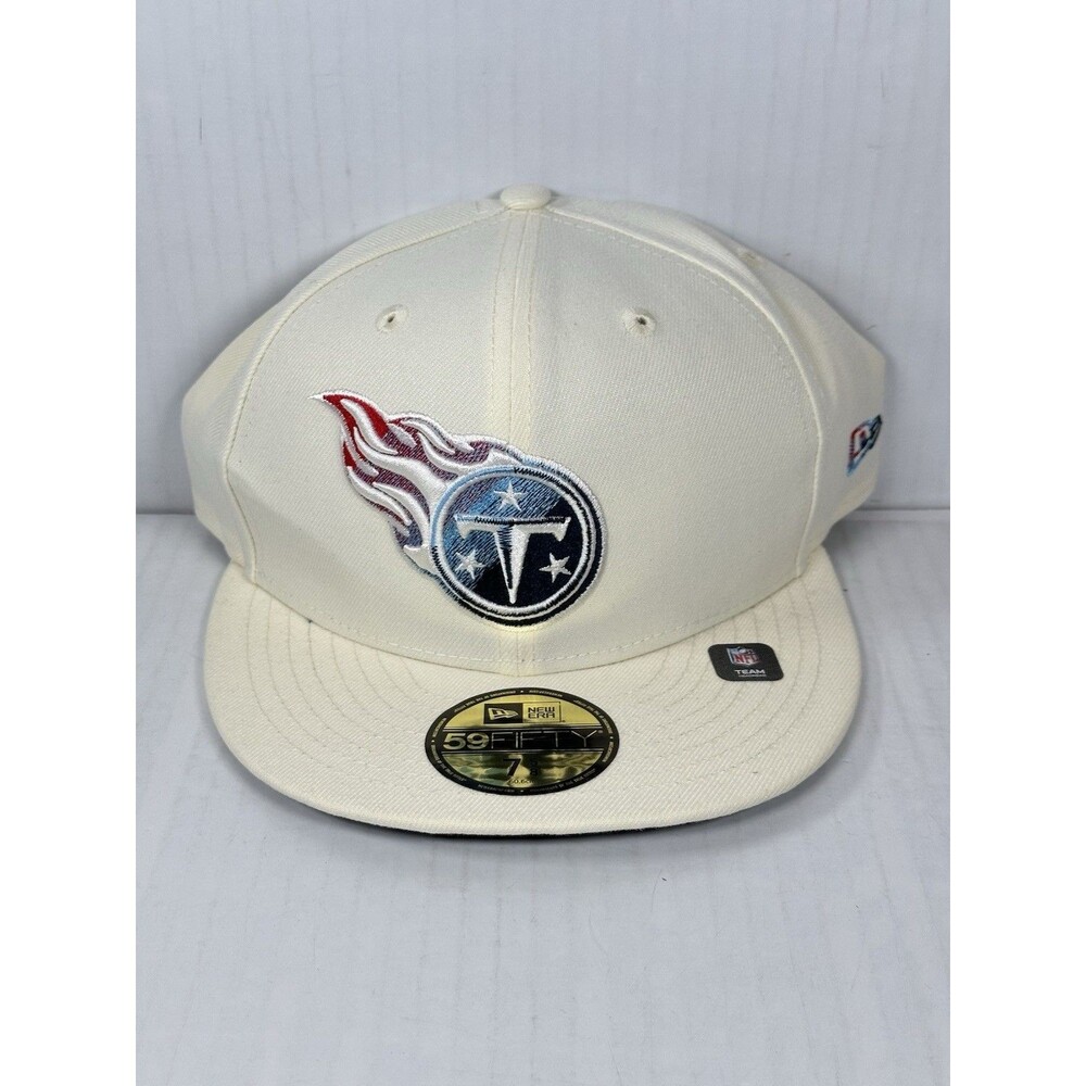 Size 7 5/8 New Era Tennessee Titans 59FIFTY Chrome Color Dim Cream Fitted Hat
